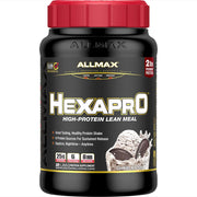 ALLMAX HEXAPRO Cookies & Cream bottle showing 2 lb container for easy protein on the go