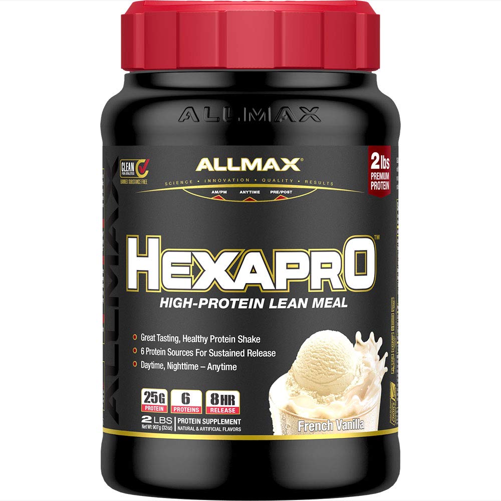 Allmax HEXAPRO French Vanilla bottle shows 25 g protein per serving for steady energy.