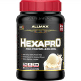 Allmax HEXAPRO French Vanilla bottle shows 25 g protein per serving for steady energy.