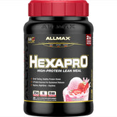 ALLMAX HEXAPRO Strawberry powder bag showing 25 g protein per serving for active recovery