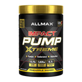 ALLMAX Impact Pump Xtreme bottle pouring pineapple mango flavor, stimulant-free pre-workout