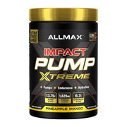 ALLMAX Impact Pump Xtreme bottle pouring pineapple mango flavor, stimulant-free pre-workout