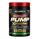 ALLMAX Impact Pump Xtreme tub front showcases bold Sour Gummy flavor for potent workouts.