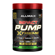 ALLMAX Impact Pump Xtreme tub front showcases bold Sour Gummy flavor for potent workouts.