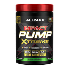 ALLMAX Impact Pump Xtreme tub front showcases bold Sour Gummy flavor for potent workouts.
