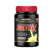 AllMax ISOFLEX Banana protein powder on shelf for post-workout recovery.
