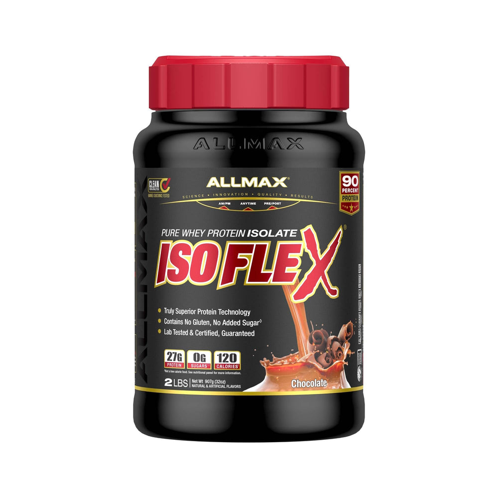 ALLMAX Isoflex chocolate bottle pour for a smooth post-workout shake.