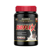 ALLMAX ISOFLEX cookies & cream tub on countertop showing premium whey protein isolate for high-protein shakes.