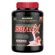 Allmax ISOFLEX strawberry whey isolate tub with high-protein per serving.
