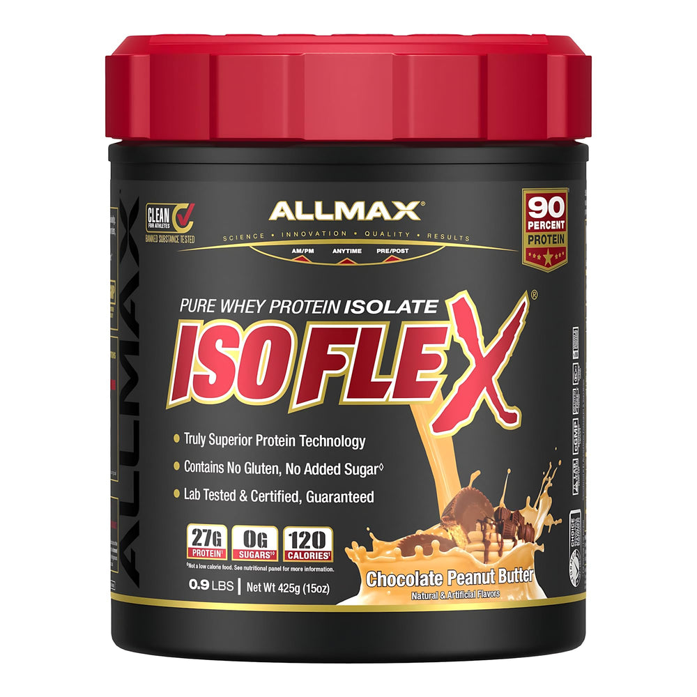 ALLMAX ISOFLEX bottle with chocolate peanut butter flavor for post-workout recovery