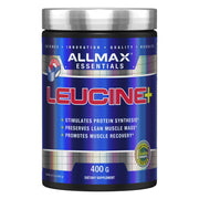 ALLMAX Leucine 400 g bottle label showcases lean muscle support.