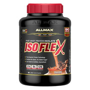 ALLMAX NUTRITION ISOFLEX chocolate 5lb tub showing pure whey protein isolate for post-workout recovery.