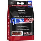 Allmax QuickMass chocolate canister displays premium mass gain formula and protein-rich powder