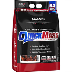 Allmax QuickMass chocolate canister displays premium mass gain formula and protein-rich powder