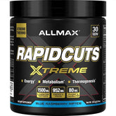 ALLMAX Rapidcuts Xtreme blue raspberry tub for high-energy workouts.