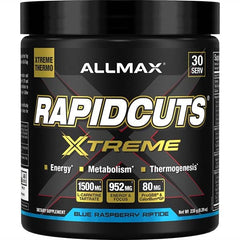 ALLMAX Rapidcuts Xtreme blue raspberry tub for high-energy workouts.