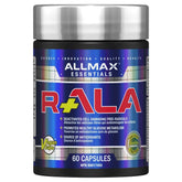 AllMax R+ALA bottle and capsules highlighting nutrient delivery support for workouts.