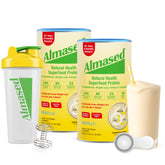 Almased almond-vanilla cans show a complete protein shake option for meals.