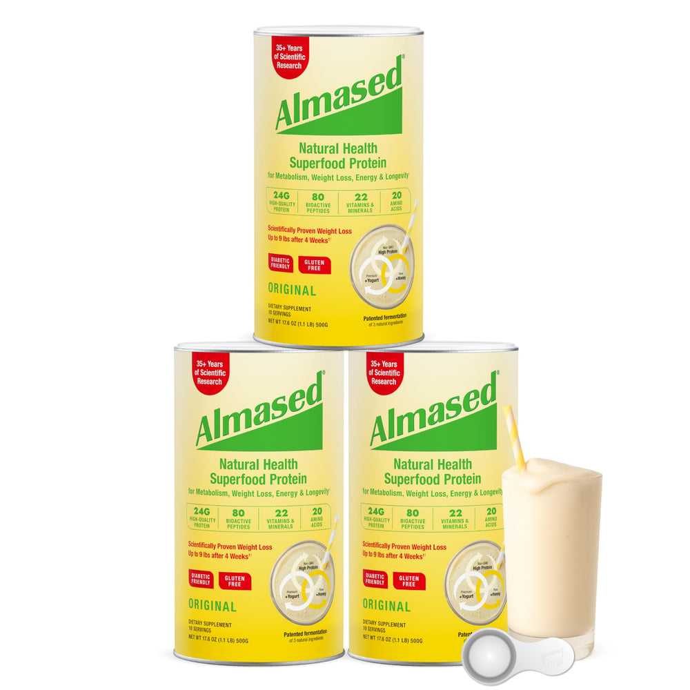Almased Original can front view showing protein-packed meal replacement.