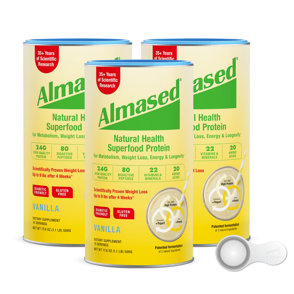 Almased vanilla protein powder tub highlighting 24 g protein per serving for meals.