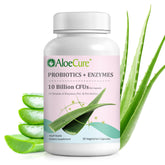 AloeCure Daily Probiotics bottle label highlights 8 strains for balanced gut support.