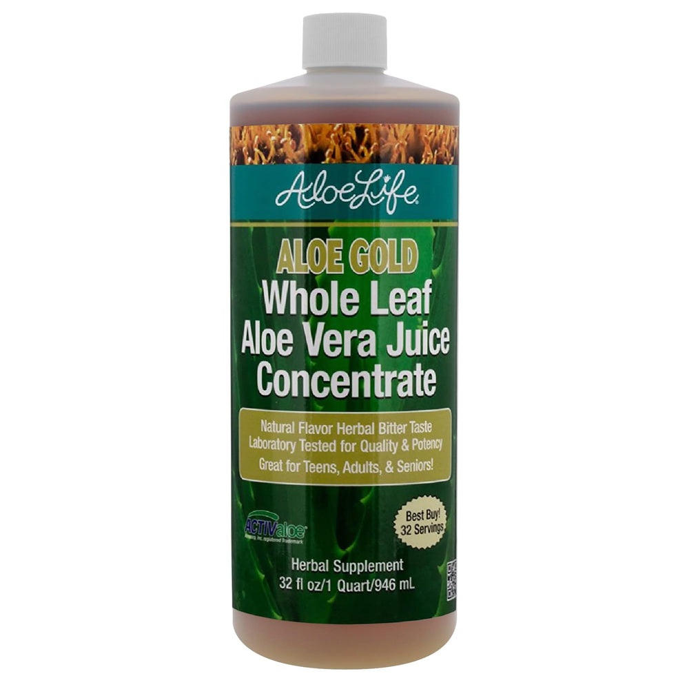 Aloe Life Whole Leaf Aloe Vera Juice bottle on shelf, highlighting organic quality and daily digestive support.