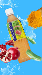 Aloevine Pomegranate Aloe Vera Drink pack shot highlighting 20-bottle supply