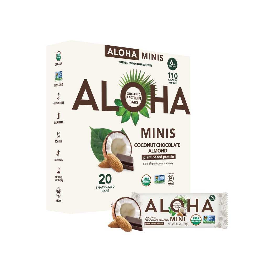 ALOHA Minis Coconut Chocolate Almond bar pack, convenient vegan snack.