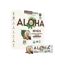 ALOHA Minis Coconut Chocolate Almond bar pack, convenient vegan snack.