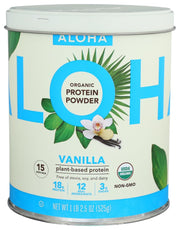 ALOHA vanilla protein bottle showing organic plant-based formula for daily protein support