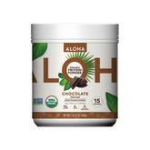 ALOHA Organic Protein Powder chocolate tin front showing recyclable packaging and 18g protein per serving.