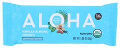 ALOHA Vanilla Almond Crunch bar pack on shelf, convenient protein snack for on-the-go.