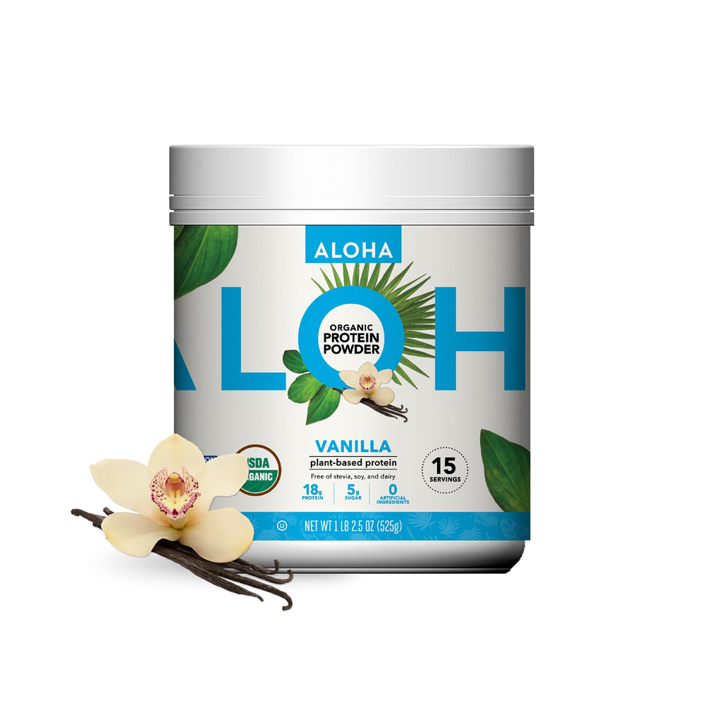 ALOHA vanilla organic protein powder canister for smooth shakes