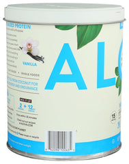 ALOHA vanilla protein scoop beside a glass for quick, convenient shakes
