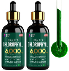Alpha Flow Chlorophyll Drops bottle being poured for a detox-friendly daily routine.