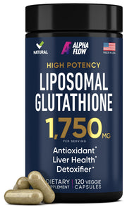 Alpha Flow liposomal glutathione bottle with capsules for liver detox support.