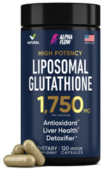Alpha Flow liposomal glutathione bottle with capsules for liver detox support.