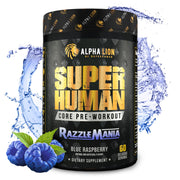 ALPHA LION Core Pre-Workout bottle pouring with Razzle Mania flavor for sustained energy