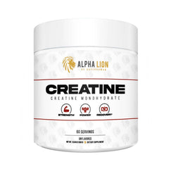 ALPHA LION Creatine Monohydrate Powder bottle highlighting strength training potential.
