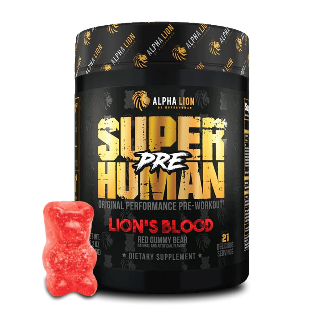 ALPHA LION Lions Blood pre-workout bottle shows grape-like flavor and energy.