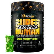 ALPHA LION Superhuman Extreme powder bottle for high-energy pre-workout use.
