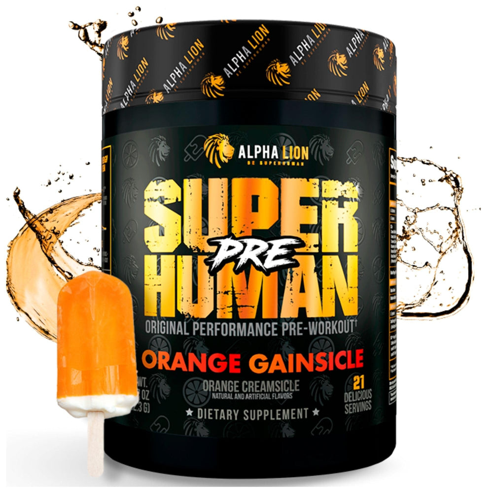 ALPHA LION Superhuman Pre-Workout tub with Orange Gainsicle flavor for sustained energy during training.