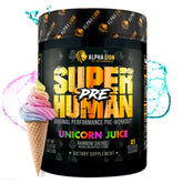 ALPHA LION Superhuman Pre Workout tub with Unicorn Juice flavor for sustained energy