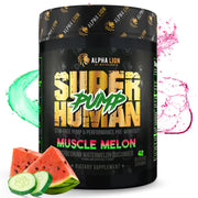 ALPHA LION Superhuman Pump bottle shows caffeine-free pre-workout for strong pumps.