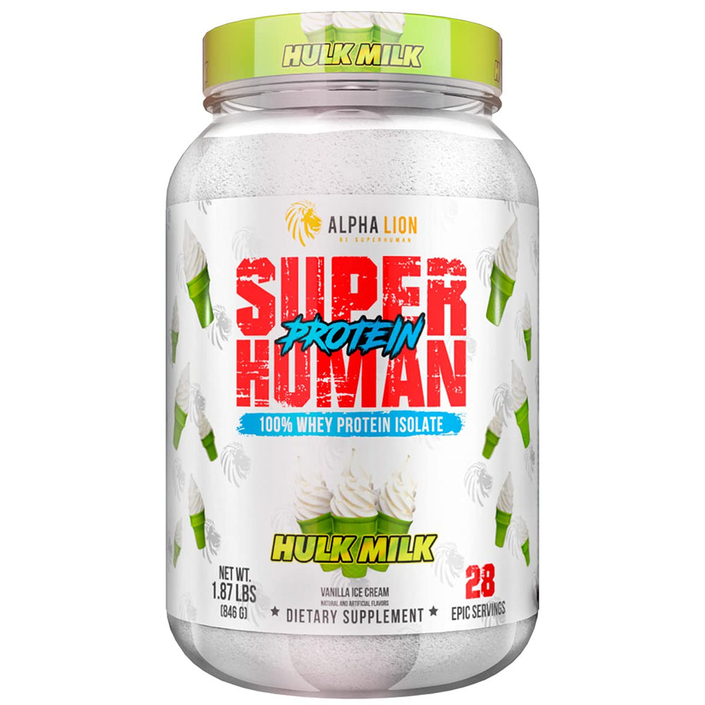 ALPHA LION Superhuman Whey bottle front, premium post-workout protein