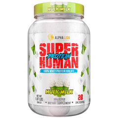 ALPHA LION Superhuman Whey bottle front, premium post-workout protein