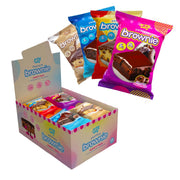 Alpha Prime Prime Bites brownie box on shelf, protein-forward snack for on-the-go.