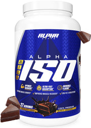 Alpha Supps ISO whey protein bottle showing 25g per serving, ideal after workouts.