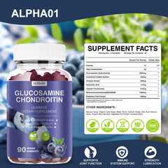ALPHA01 Glucosamine Chondroitin Gummies blueberry close-up showing chewy texture and flavor.