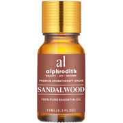 Alphrodith Indian Sandalwood oil bottle showcasing pure aroma for calming aromatherapy.